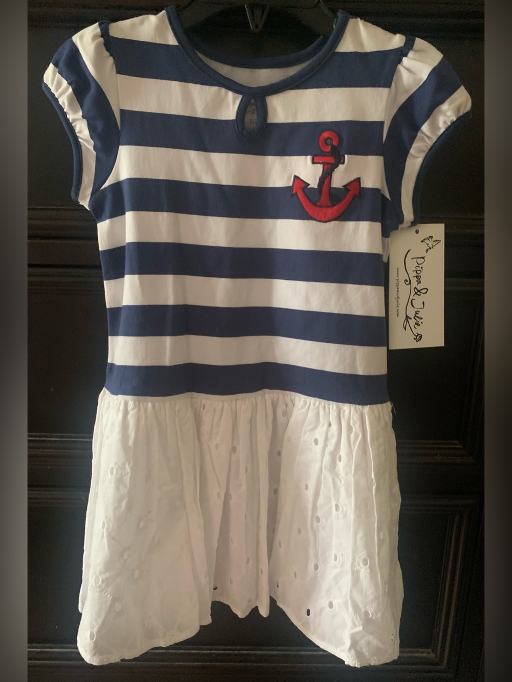 Pippa & Julie Navy, White & Red Anchor Knit Eyelet Dress